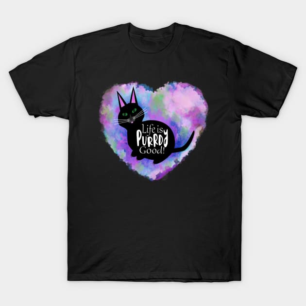 Cute Black Cat and Purple Rainbow Heart. Life is Purrdy Good! T-Shirt by innerspectrum